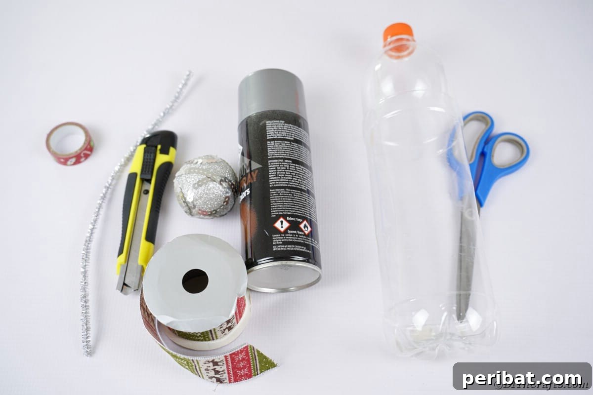All the supplies neatly laid out for crafting a Santa boot from a plastic bottle.