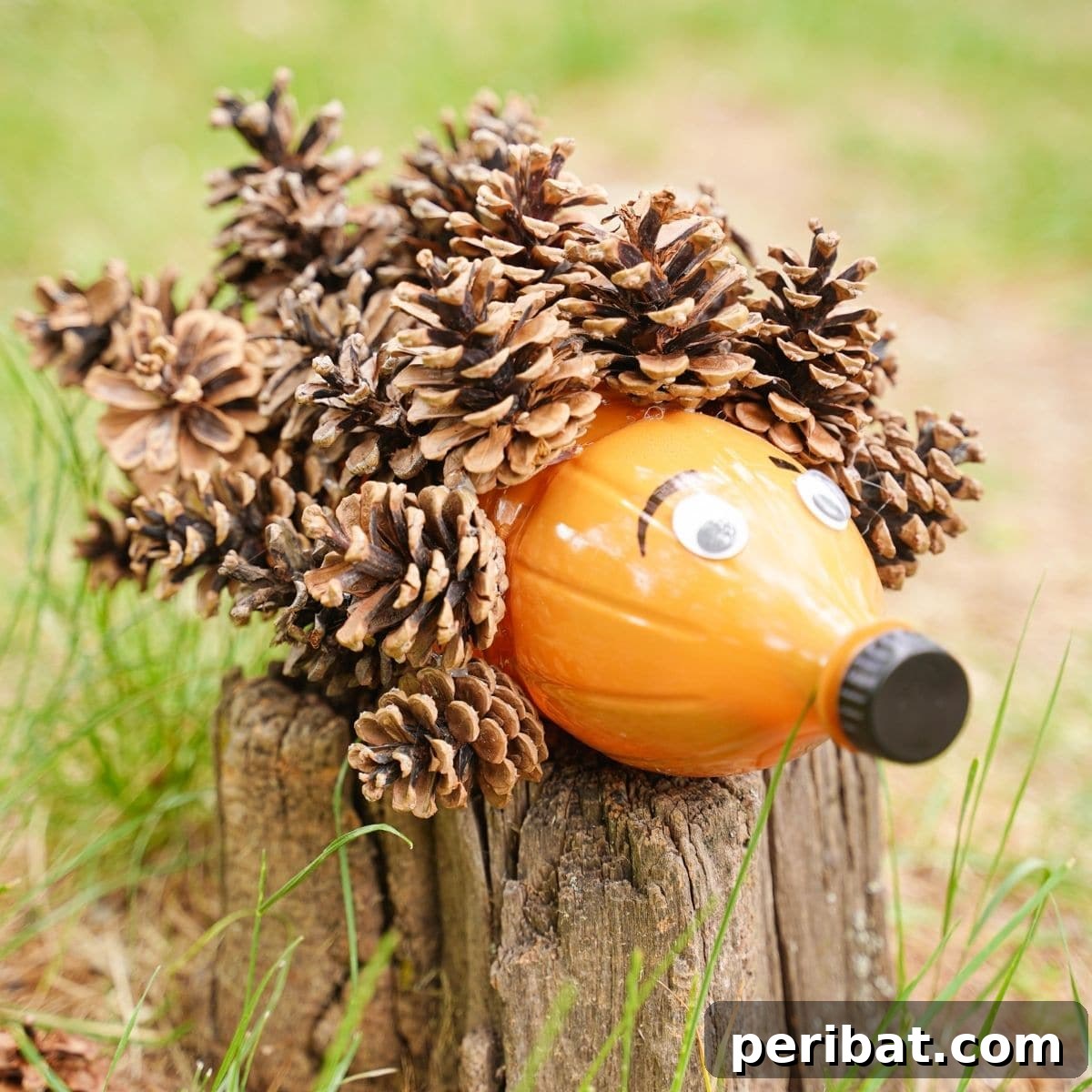 Charming Upcycled Pinecone Hedgehog Art 2 Pinecone hedgehog on a stump, showcasing rustic fall decor