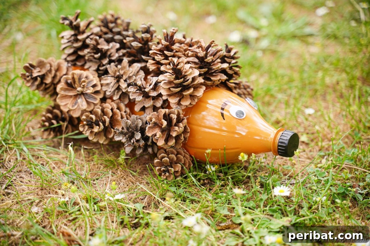 Charming Upcycled Pinecone Hedgehog Art 3 Hedgehog decoration on green grass, a charming addition to outdoor fall decor