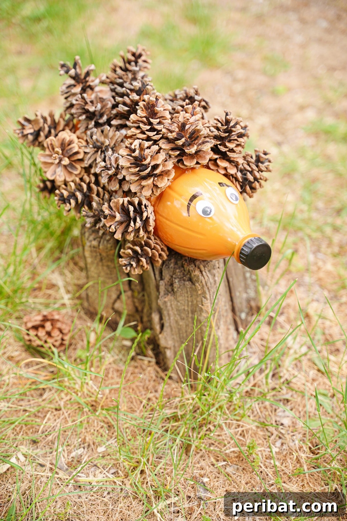 Charming Upcycled Pinecone Hedgehog Art 18 Pinecone hedgehog on a tree stump, illustrating a natural outdoor display idea