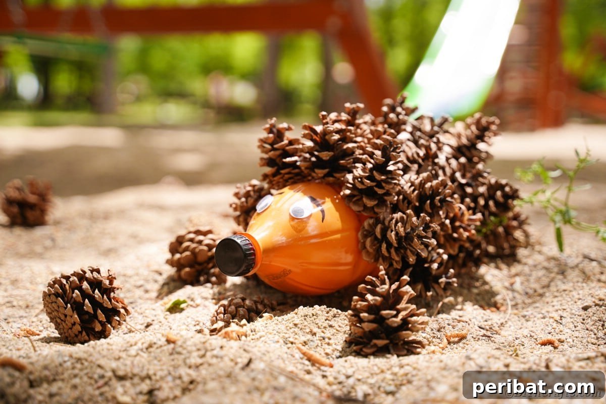 Charming Upcycled Pinecone Hedgehog Art 5 Pinecone hedgehog resting on sand, a serene display of fall craftsmanship