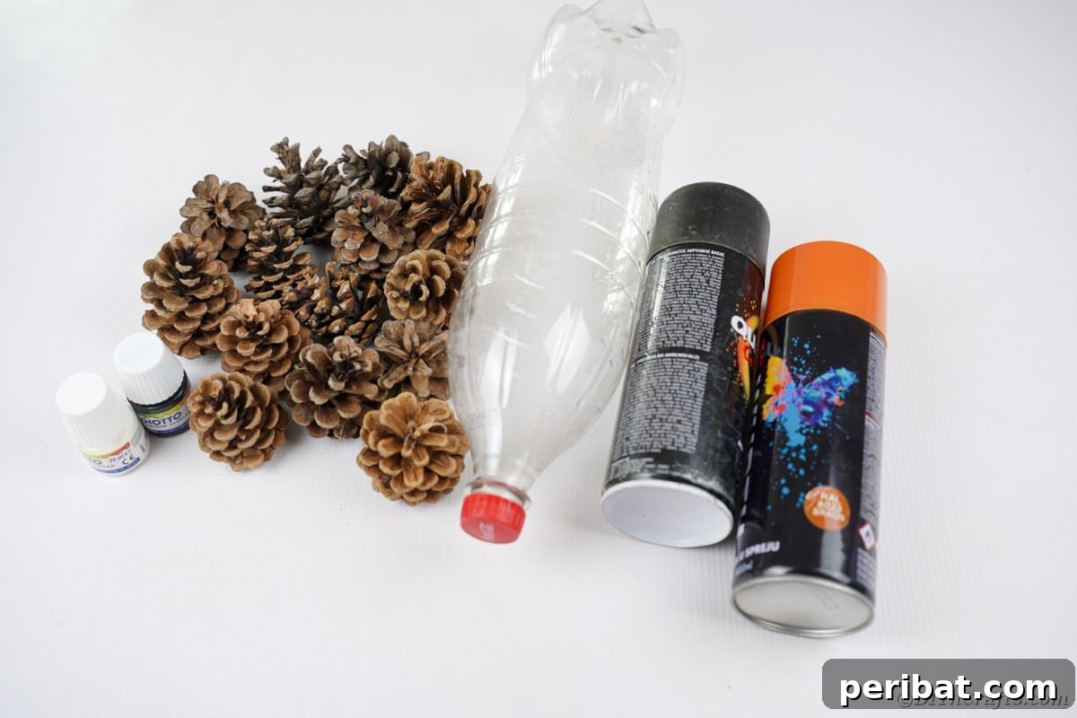 Charming Upcycled Pinecone Hedgehog Art 7 Various supplies for making a pinecone hedgehog, including pinecones, spray paint, and googly eyes