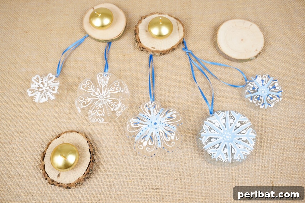 Bottle to Bauble: Stunning Upcycled Snowflakes 6 plastic bottle ornaments on brown paper