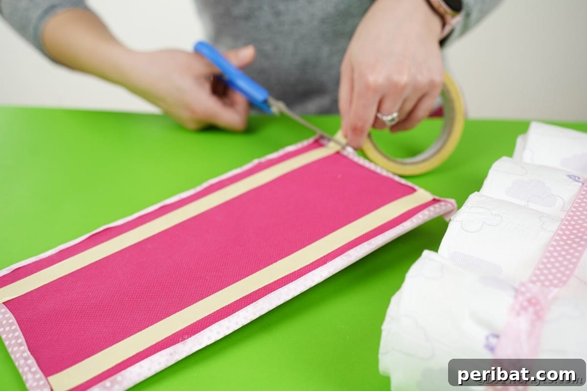 Create a Charming Diaper Train for Baby Shower Joy 15 Double-sided tape being applied to the top of the cardboard platform, preparing it to be affixed to the diaper rolls.