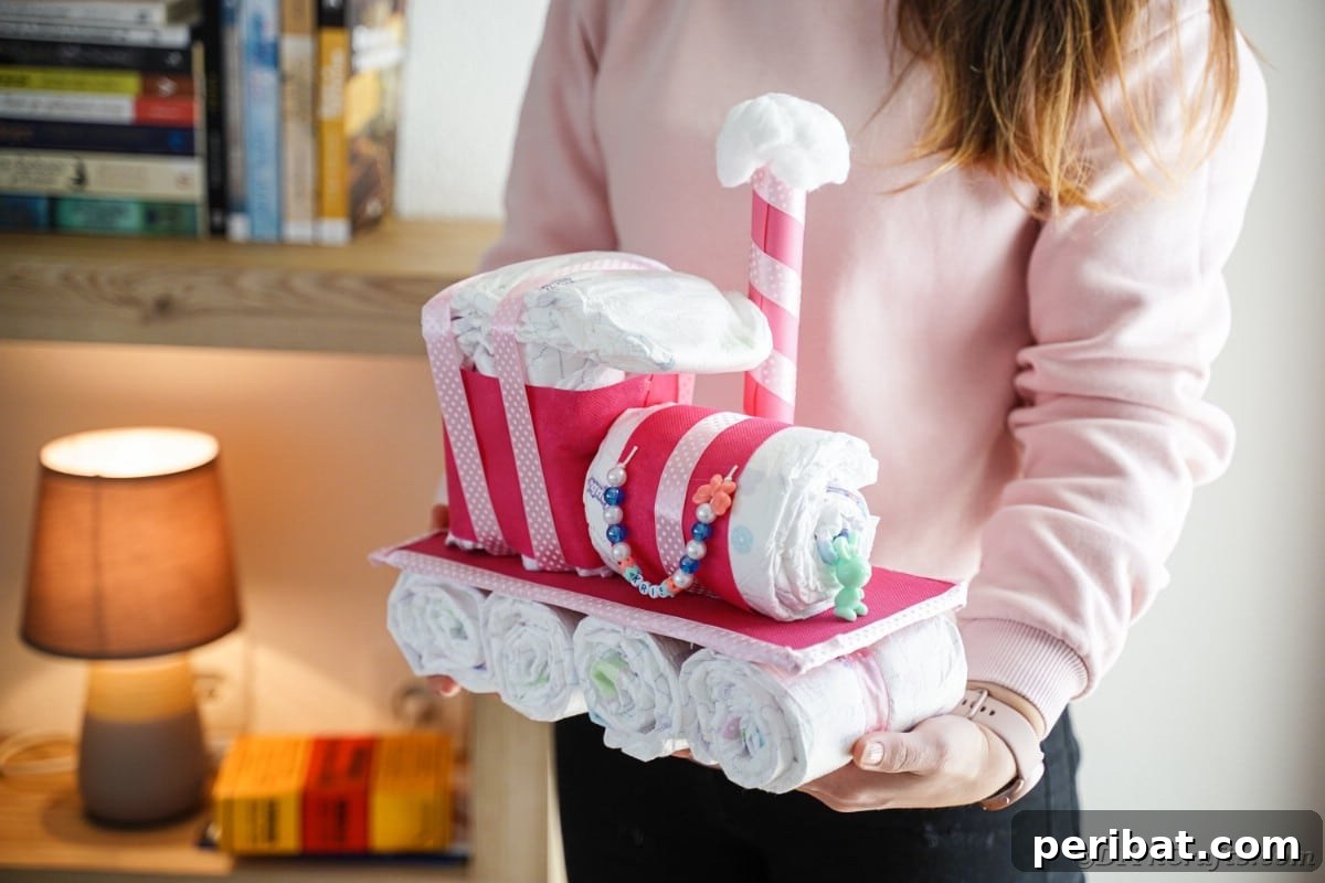 Create a Charming Diaper Train for Baby Shower Joy 3 A woman proudly holding a finished diaper cake train, showcasing the meticulous details and charming design.