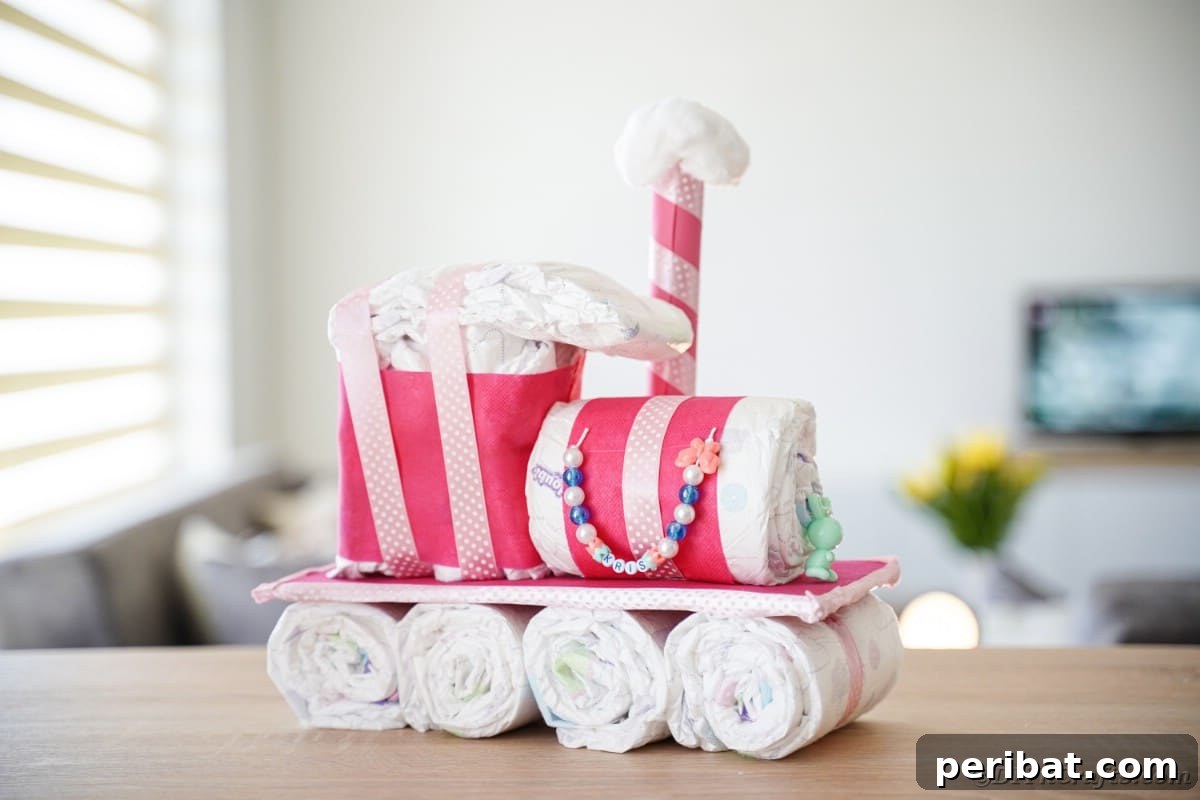 Create a Charming Diaper Train for Baby Shower Joy 6 A delightful diaper cake train displayed on a table, ready to be admired at a baby shower or in a nursery.