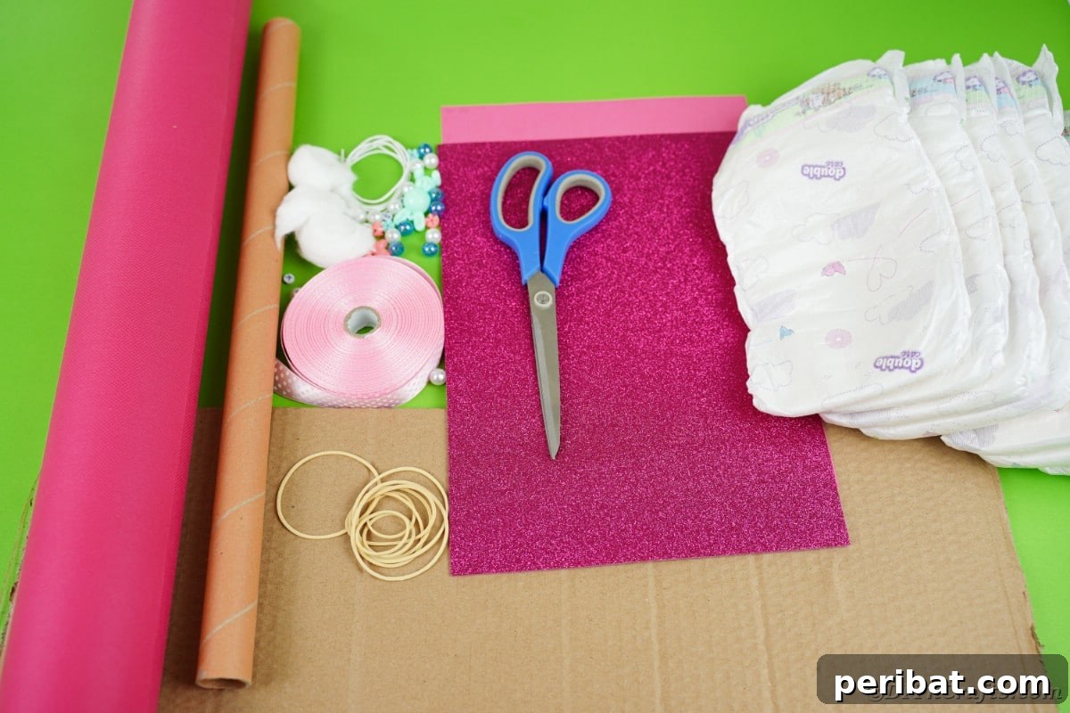 Create a Charming Diaper Train for Baby Shower Joy 7 A curated collection of supplies for crafting a diaper cake train, neatly arranged and ready for assembly.