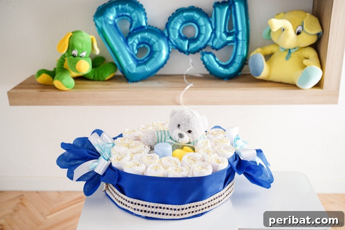 A charming candy wrapper diaper cake sits on a crisp white table, showcasing its delightful design and vibrant colors.