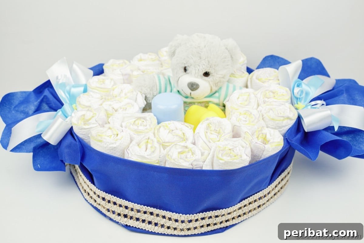 Candy piece diaper cake on white table