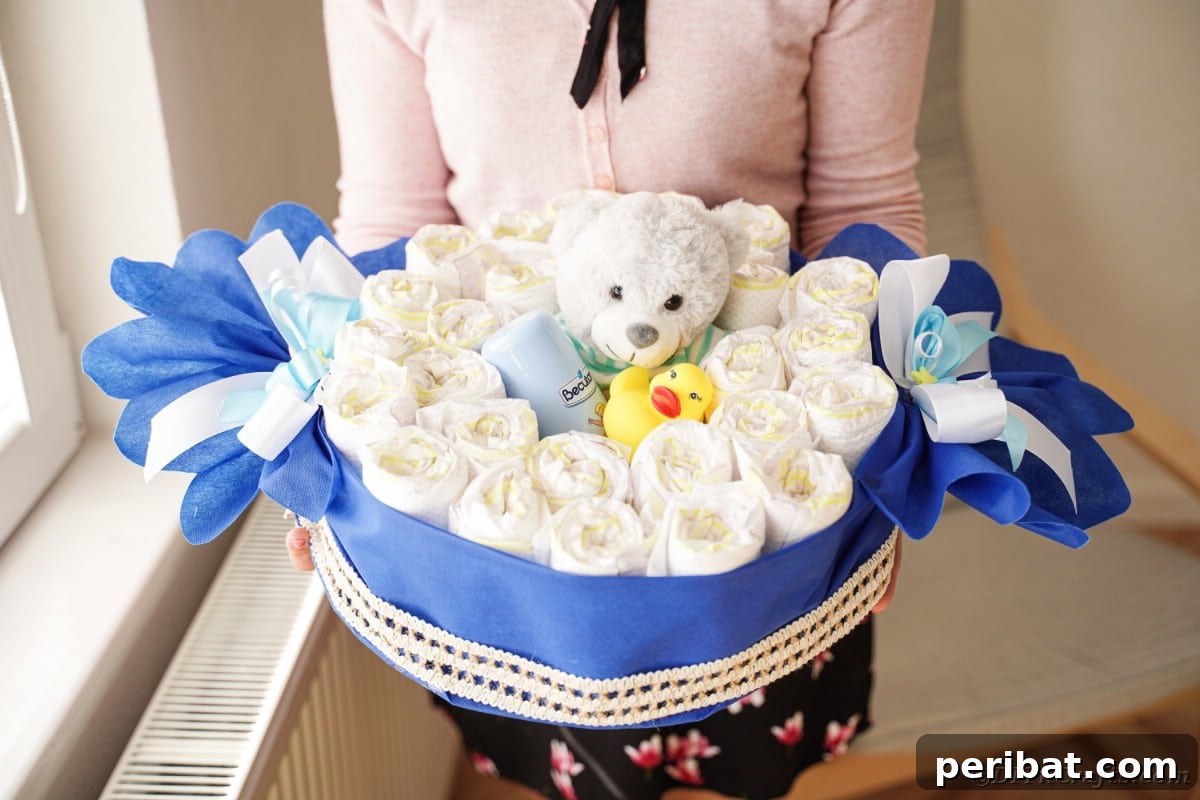 A woman proudly holds her handmade candy wrapper diaper cake, showcasing its thoughtful design and vibrant wrapper.