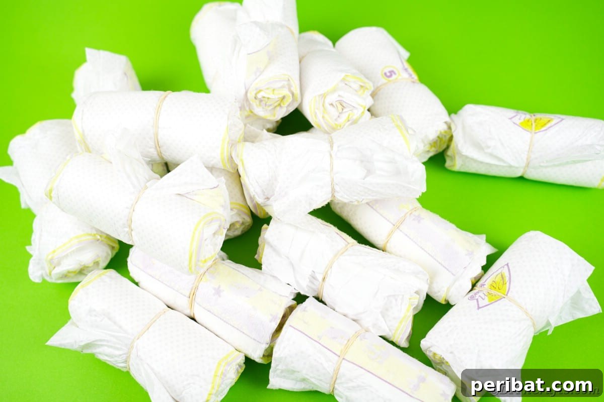 A stack of neatly rolled diapers, each secured with a rubber band, ready for assembly into the diaper cake.