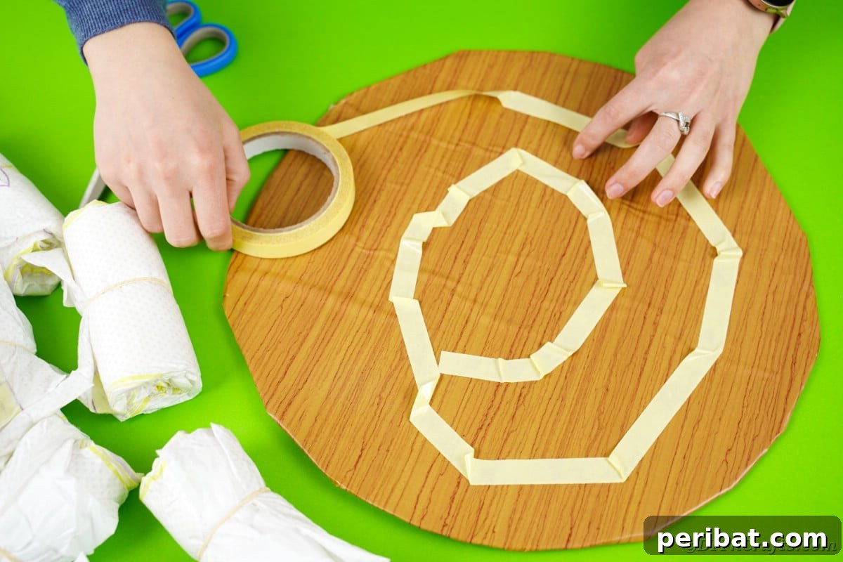 Applying a spiral of double-sided tape onto the cardboard circle base, preparing it for diaper placement.