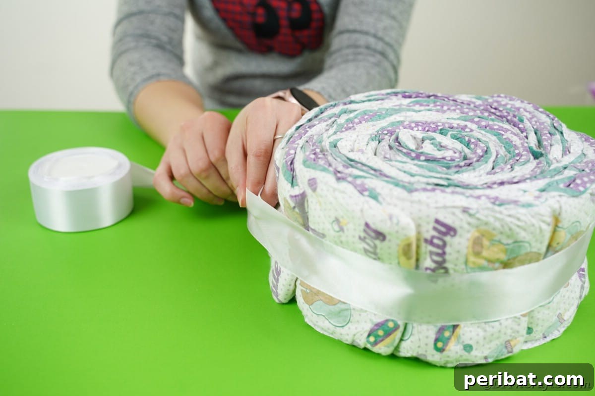 Wrapping a diaper roll with a white ribbon