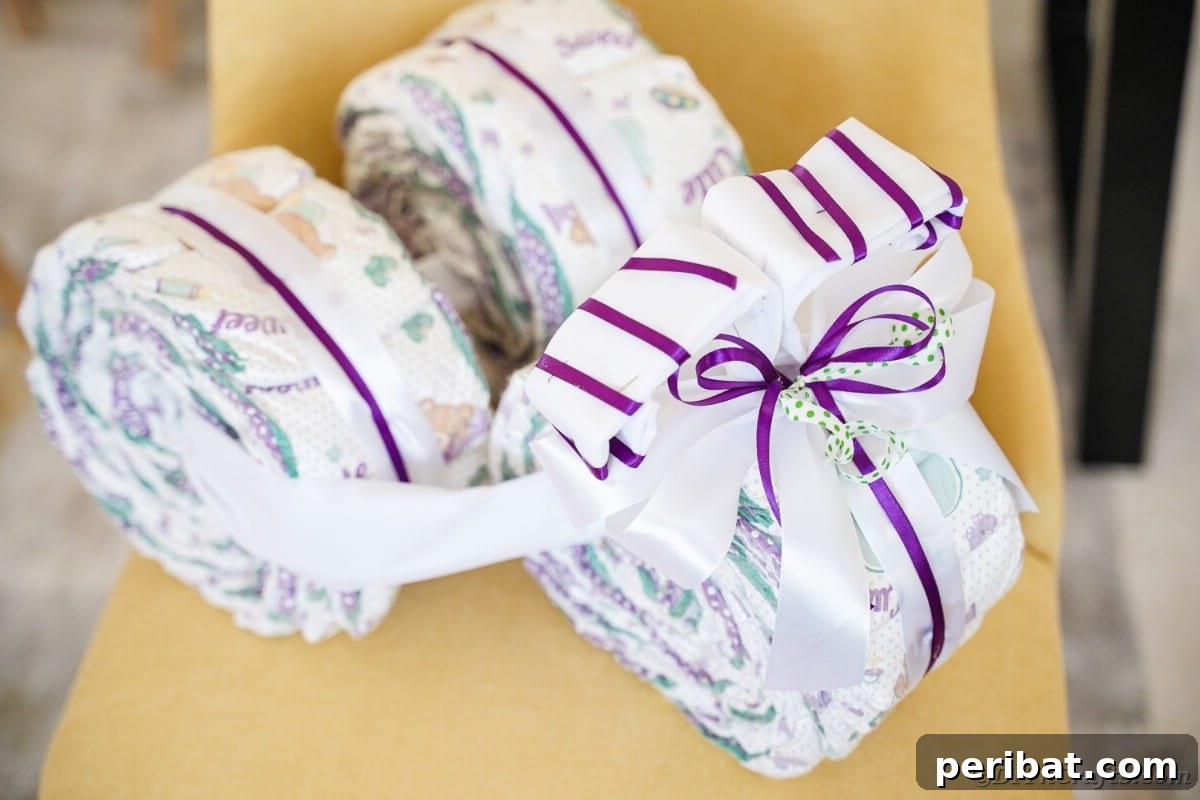 Elegantly decorated tricycle diaper cake on a chair