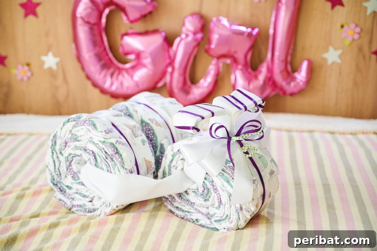 Tricycle diaper cake resting on a bed