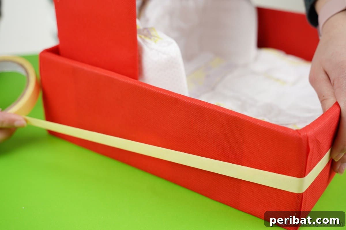 Charming Diaper Bassinet: A Perfect Baby Shower Present 13 Adding double-sided tape around the base of the cardboard box to prepare for attaching the diapers.
