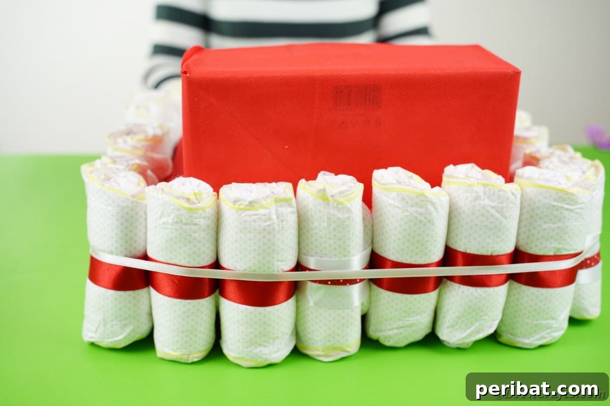Charming Diaper Bassinet: A Perfect Baby Shower Present 15 Wrapping the attached diapers with a thin white ribbon to secure them around the bassinet.