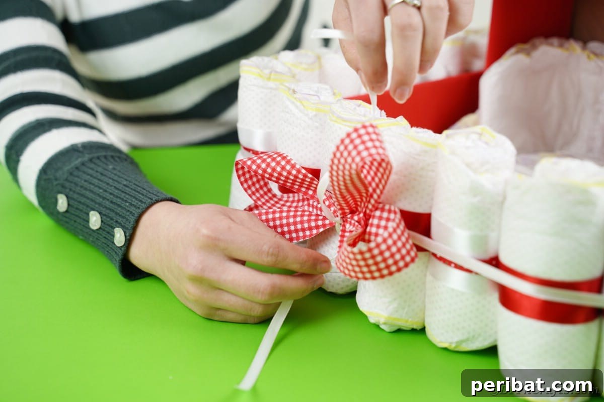 Charming Diaper Bassinet: A Perfect Baby Shower Present 16 Attaching a large decorative bow to the front of the bassinet diaper cake, adding a charming touch.