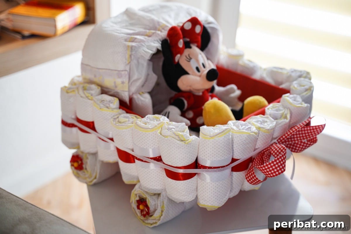 Charming Diaper Bassinet: A Perfect Baby Shower Present 3 Bassinet diaper cake on a table, showcasing its charming design and potential for gifting.