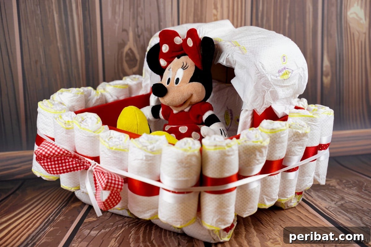 Charming Diaper Bassinet: A Perfect Baby Shower Present 25 Diaper cake on wood background