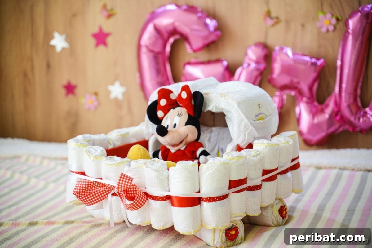 Charming Diaper Bassinet: A Perfect Baby Shower Present 4 Bassinet diaper cake with a Minnie Mouse toy on a bed, ready for a baby shower.