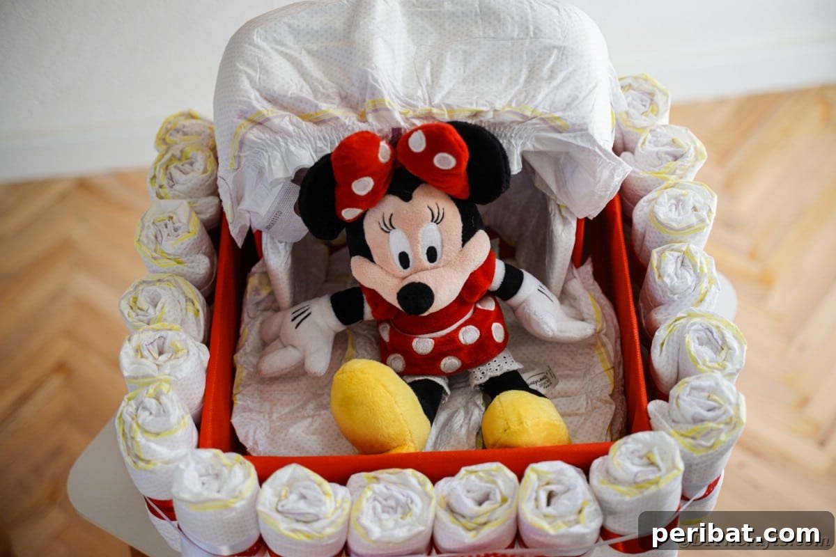 Charming Diaper Bassinet: A Perfect Baby Shower Present 6 Bassinet diaper cake on a table, ready for gifting or display at a baby shower.