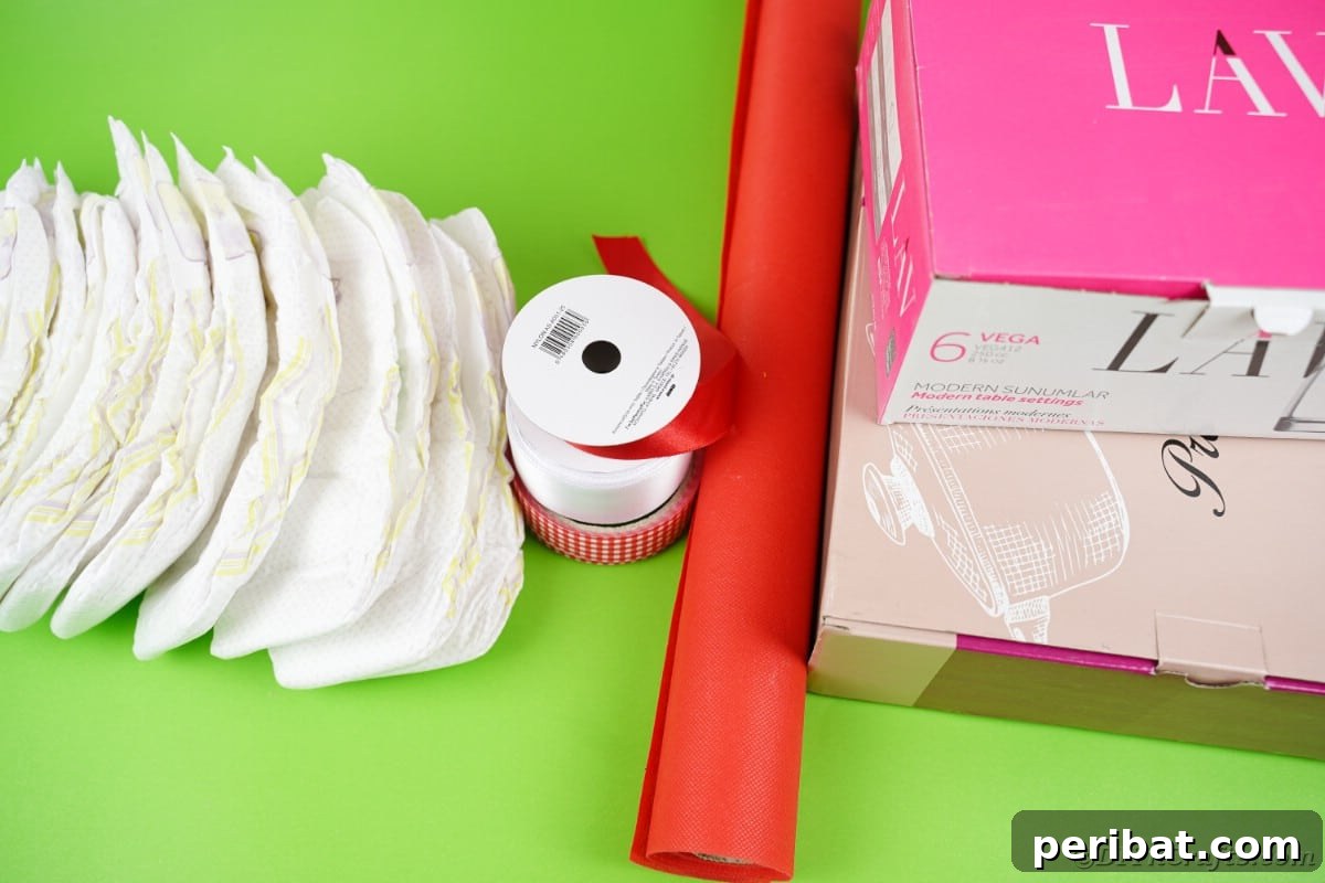 Charming Diaper Bassinet: A Perfect Baby Shower Present 7 Supplies neatly laid out for making a diaper cake bassinet, including diapers, ribbons, and cardboard boxes.