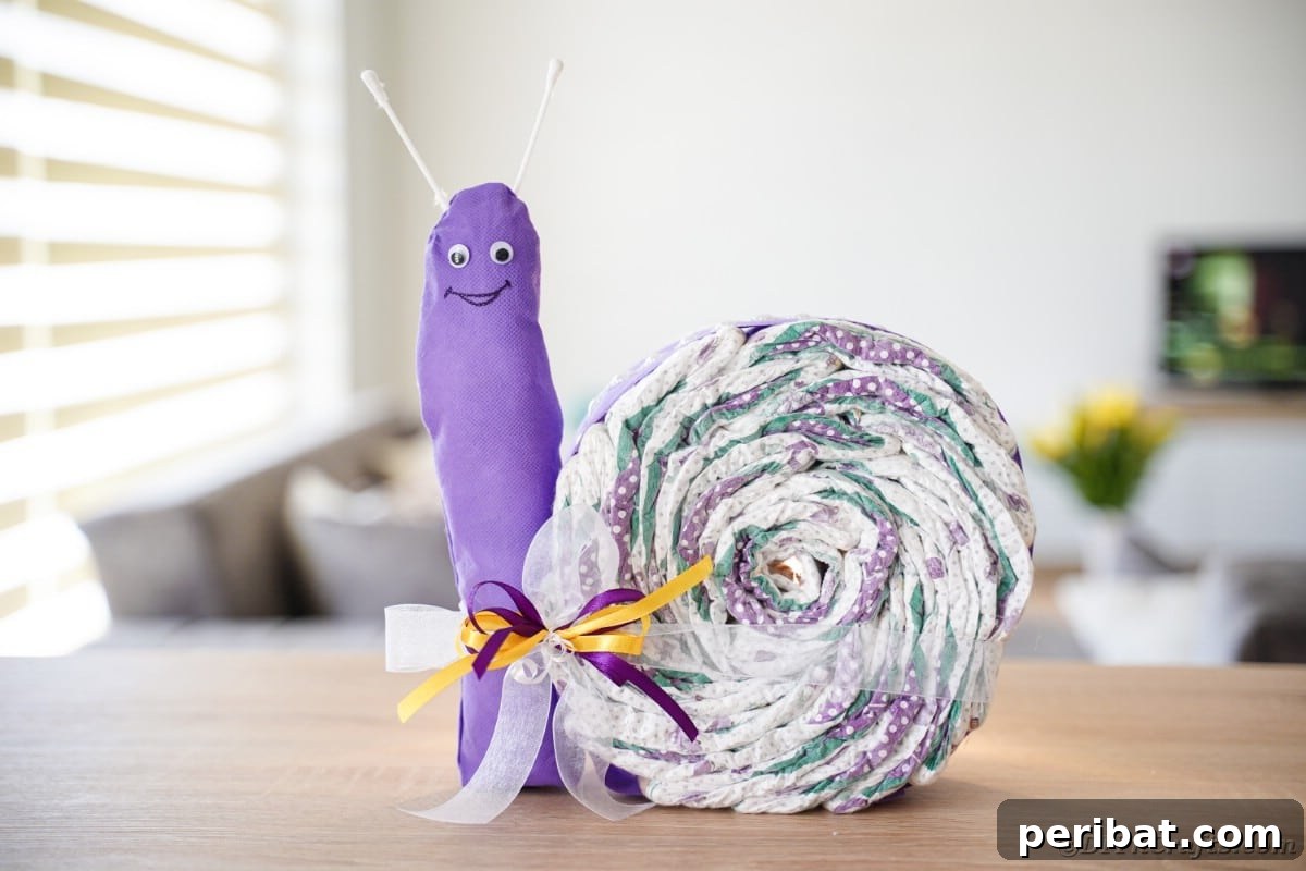 DIY snail diaper cake sitting on a rustic wooden table, showcasing its handcrafted details and appealing design for baby celebrations.