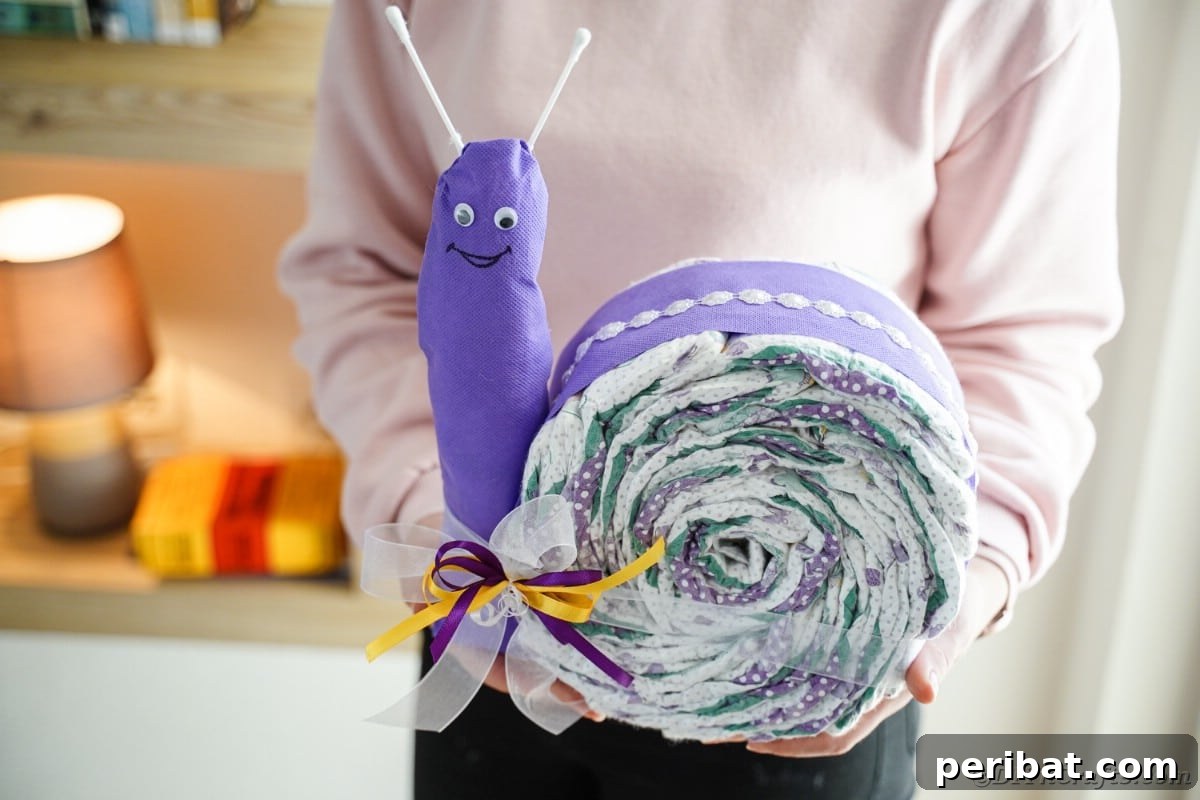 A woman proudly holding a completed snail diaper cake, ready to be gifted at a baby shower, against a backdrop of natural light.
