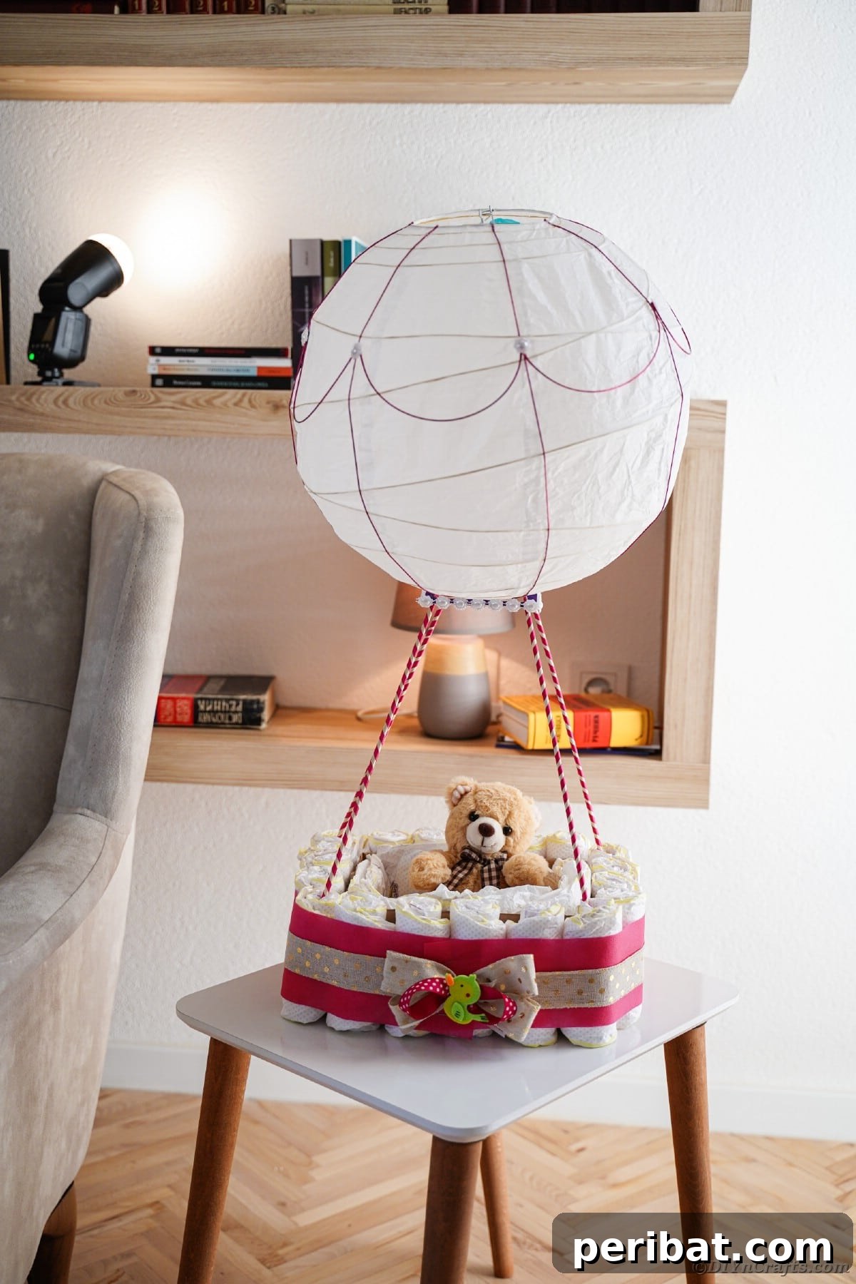 Whimsical Hot Air Balloon Diaper Cake 24 Hot air balloon diaper cake on table