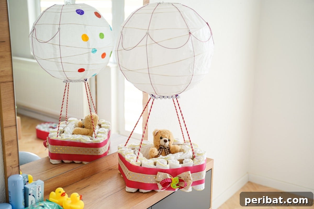 Whimsical Hot Air Balloon Diaper Cake 4 Hot air balloon diaper cake on dresser