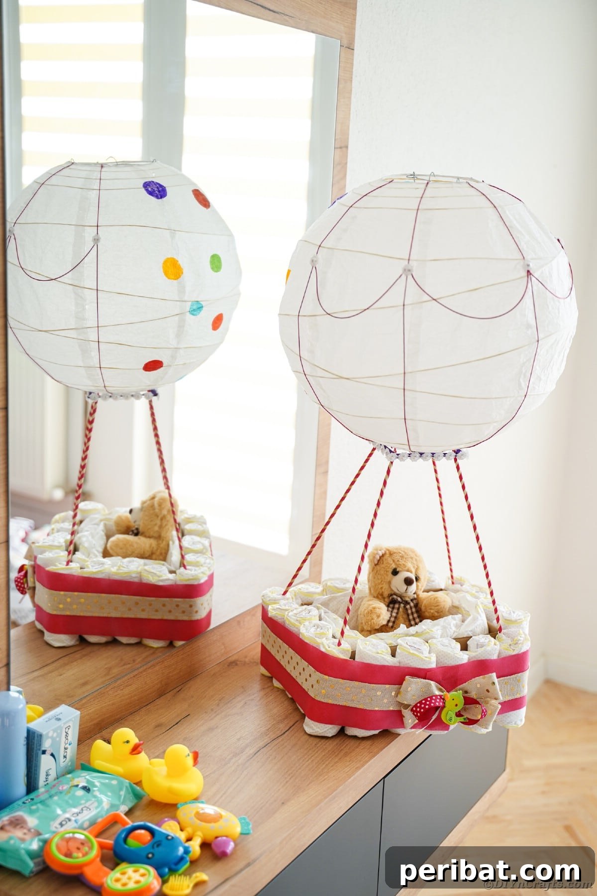 Whimsical Hot Air Balloon Diaper Cake 33 Hot air balloon diaper cake on dresser