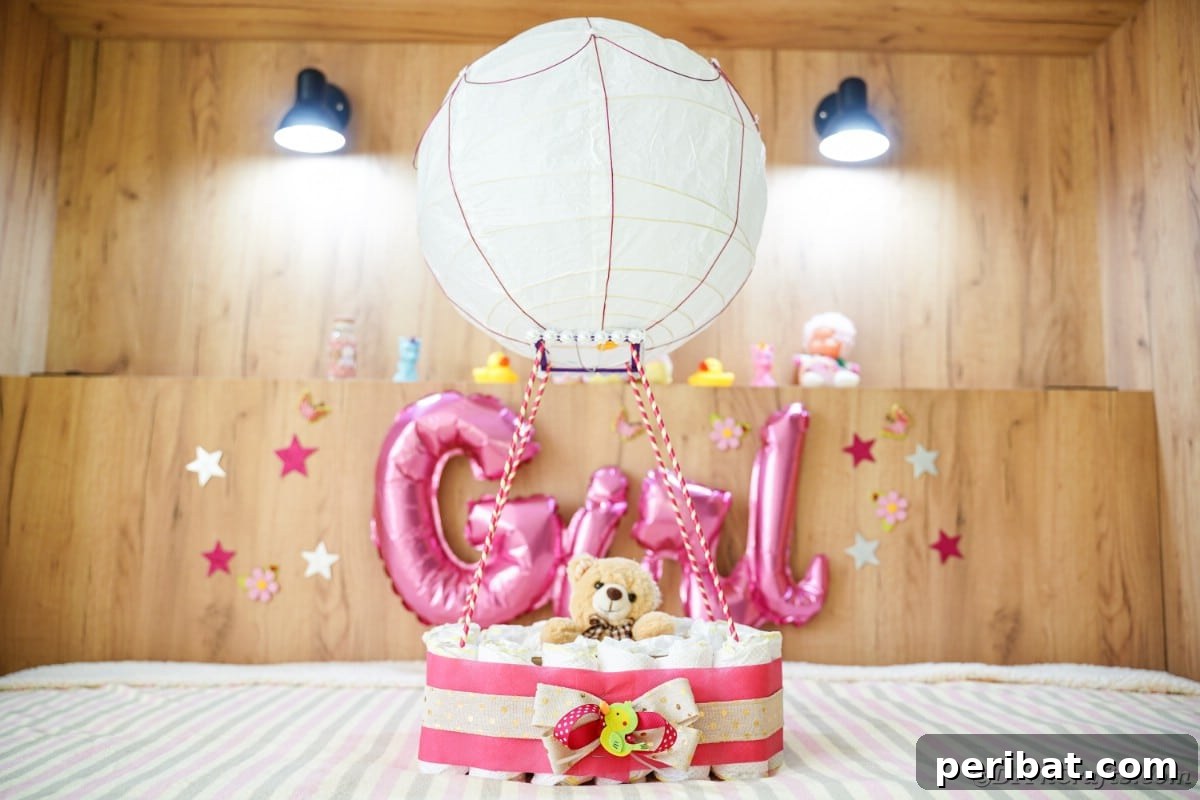 Whimsical Hot Air Balloon Diaper Cake 5 Diaper cake air balloon on bed