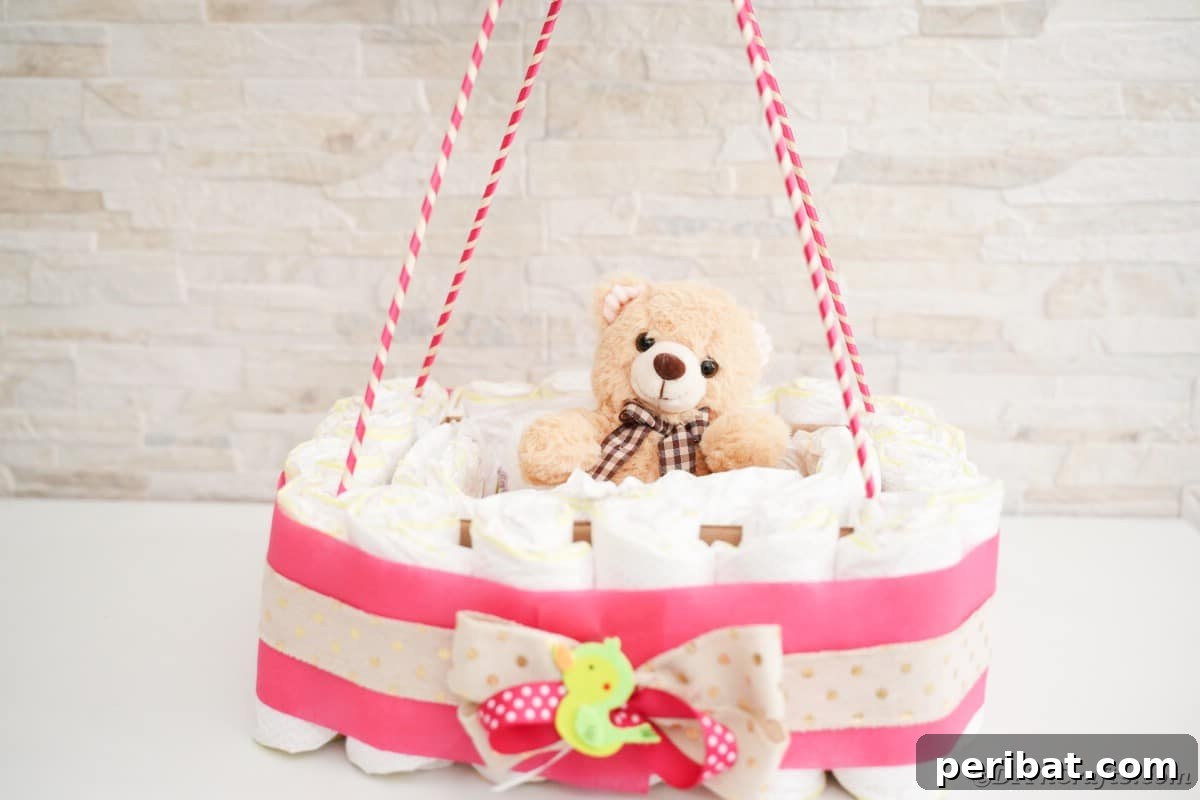 Whimsical Hot Air Balloon Diaper Cake 6 Diaper cake by brick wall