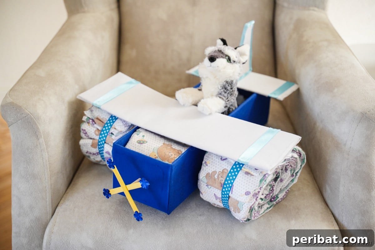 Cloud Nine Diaper Plane Baby Shower Gift 5 Diaper cake on chair