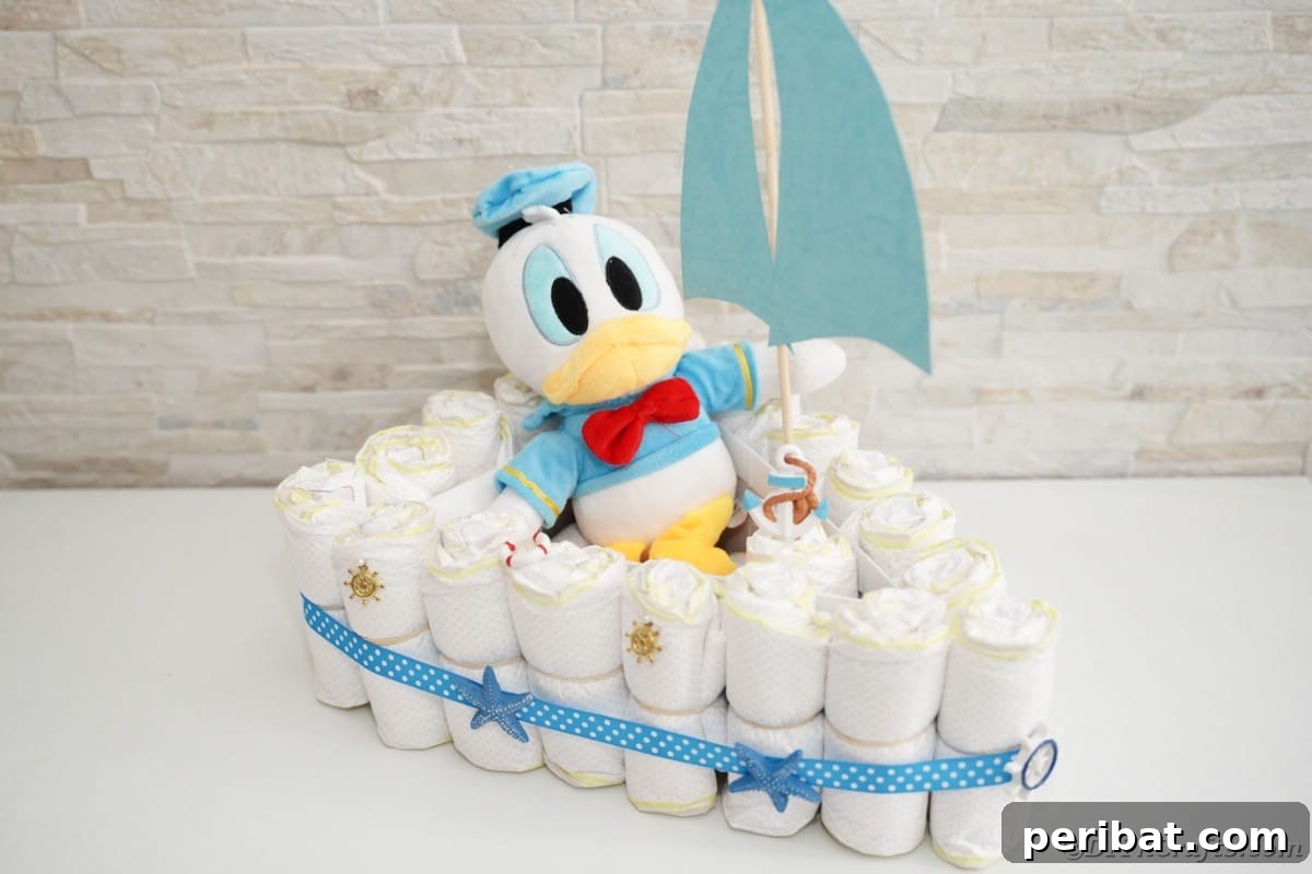 Diaper cake boat in front of bricks
