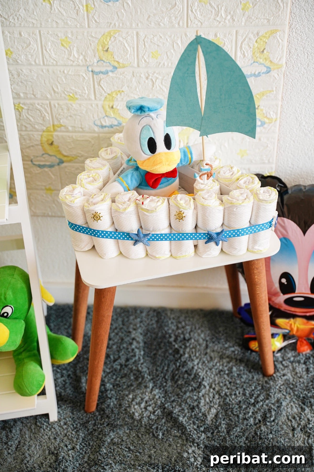 Diaper cake boat on white table