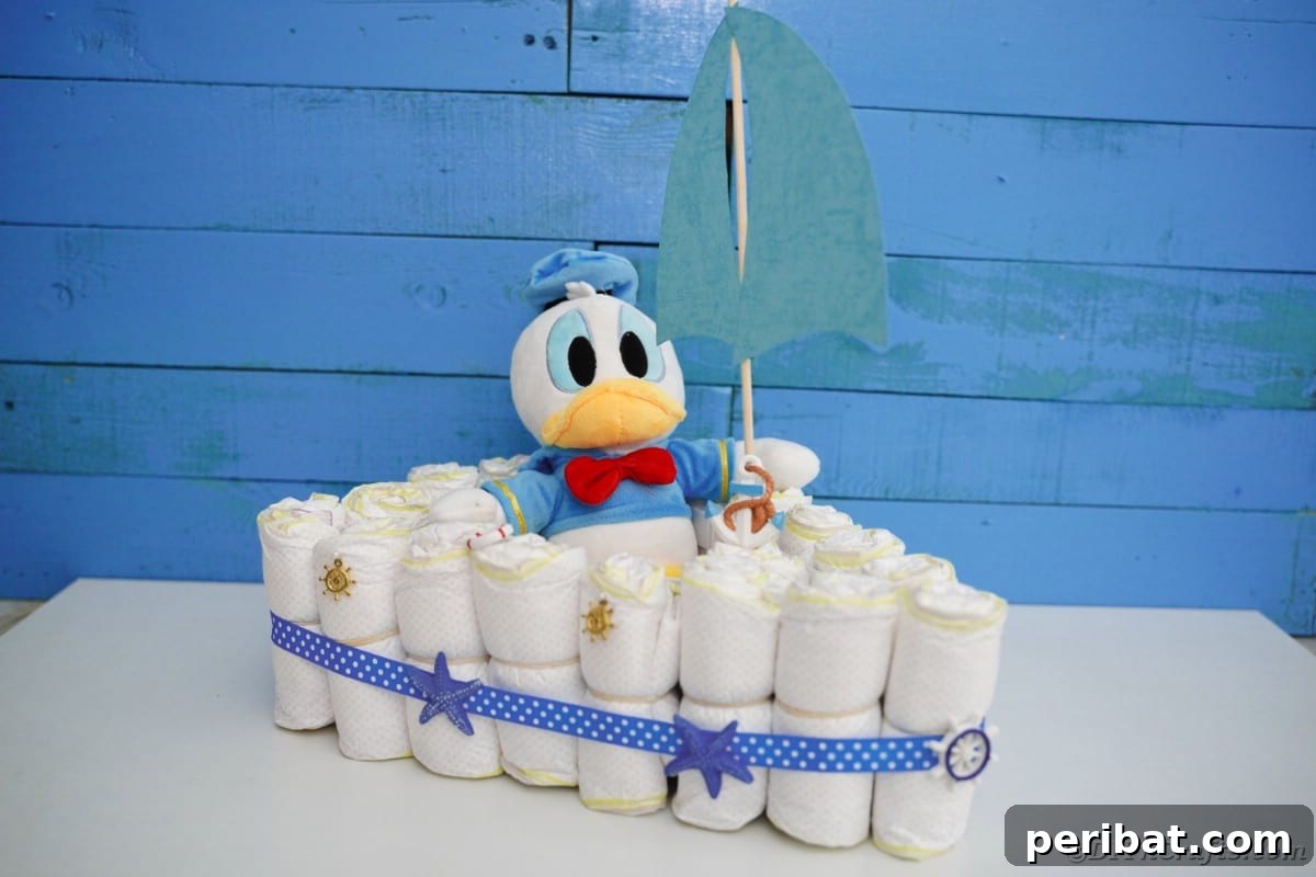 Diaper cake boat in front of blue boards