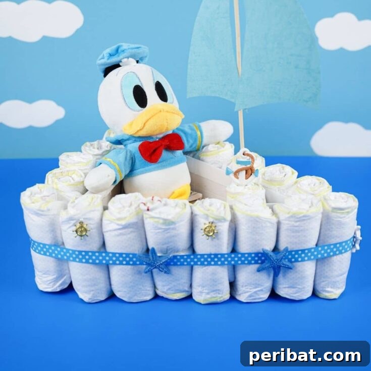 Diaper cake on blue table