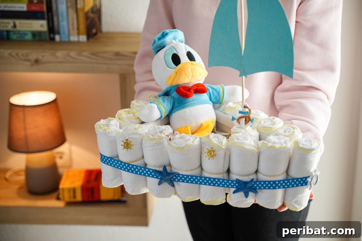 Woman holding diaper cake