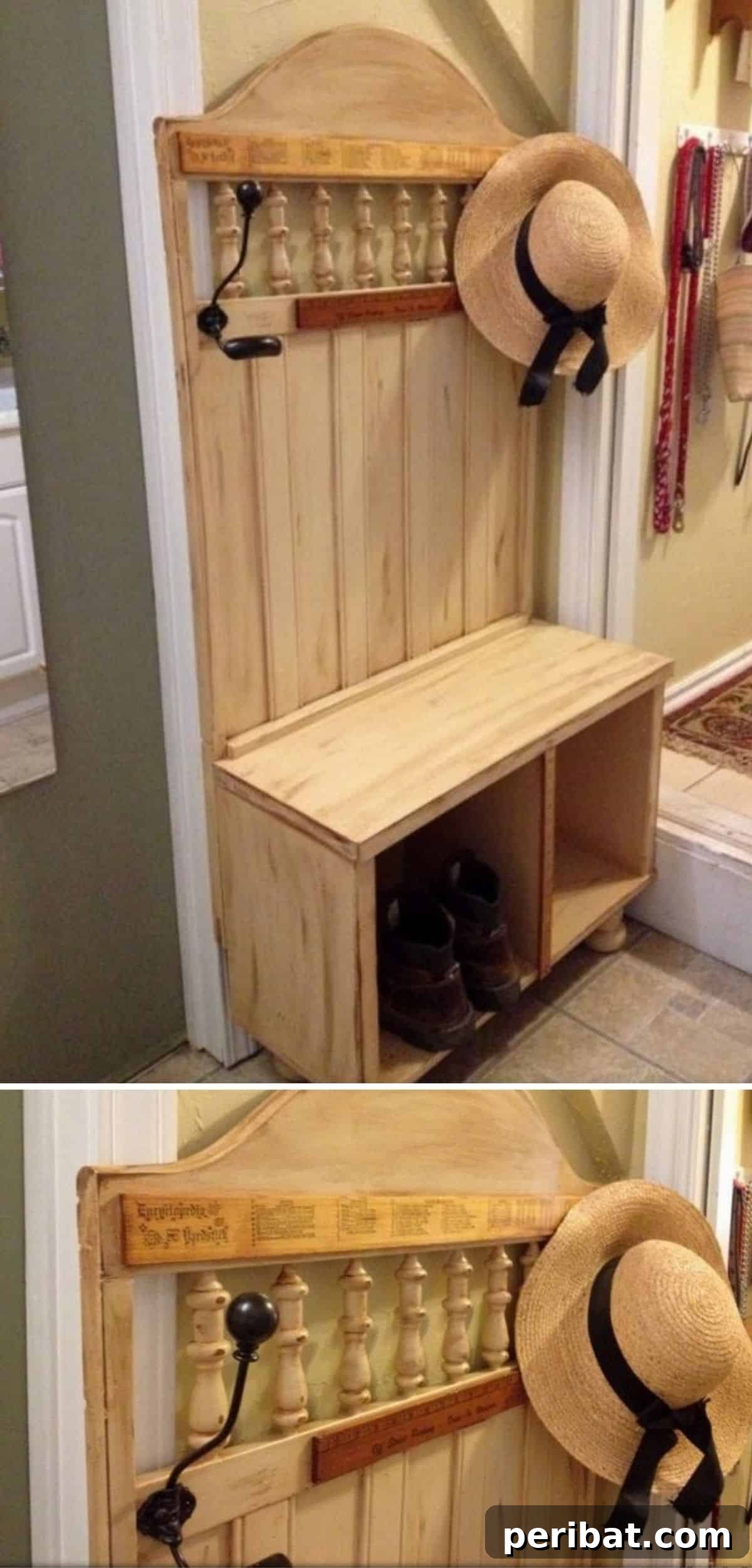 Transform Your Old Crib: 20 Clever Upcycling Projects 18 Repurposed Crib Entrance Bench with Hooks and Storage