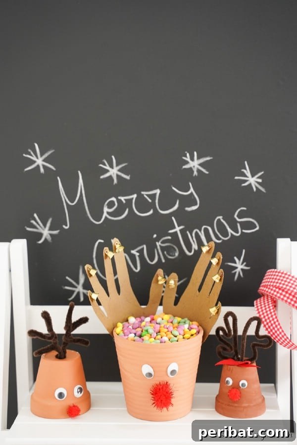 40 Christmas Craft Ideas to Spark Kids' Creativity This Winter Break 14 A collection of adorable clay pot reindeer Christmas decorations, featuring painted pots transformed into festive reindeer figures.