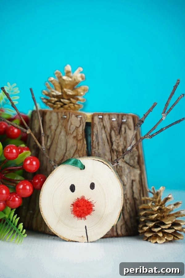 40 Christmas Craft Ideas to Spark Kids' Creativity This Winter Break 20 A rustic wooden slice reindeer ornament featuring painted details and a festive ribbon, perfect for a natural Christmas tree aesthetic.