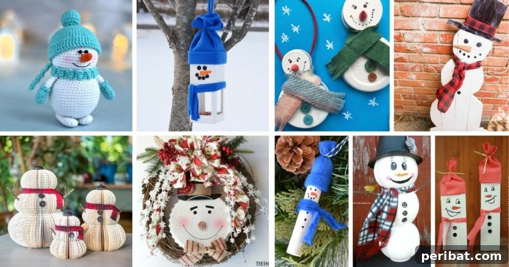 A vibrant collage of various snowman crafts, showcasing diverse materials and styles perfect for winter decorating and DIY projects.