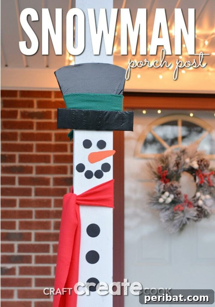 A friendly snowman porch decoration crafted from stacked round objects, painted white and featuring a top hat and a welcoming smile, set outdoors.