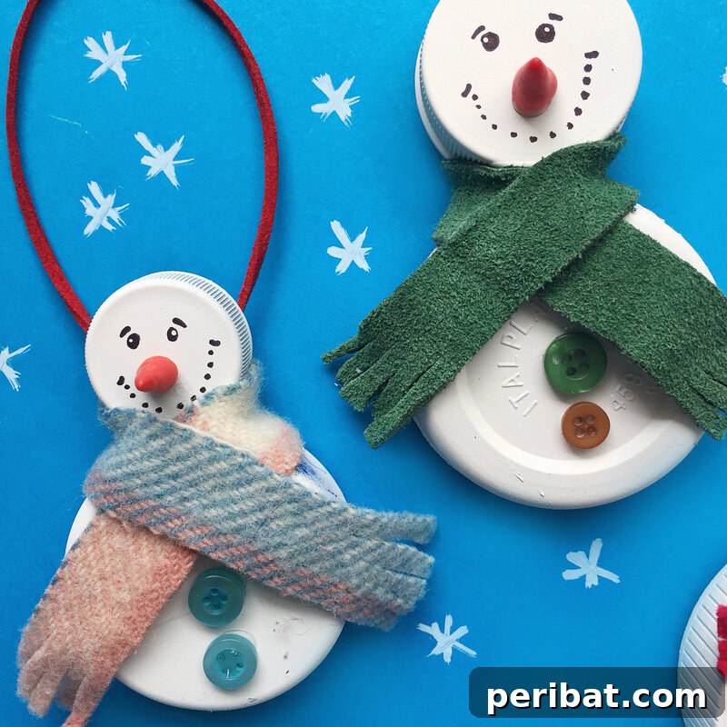 A cluster of cheerful snowman ornaments made from painted plastic bottle lids, each with a unique face, small scarf, and loop for hanging, showcasing an eco-friendly craft.