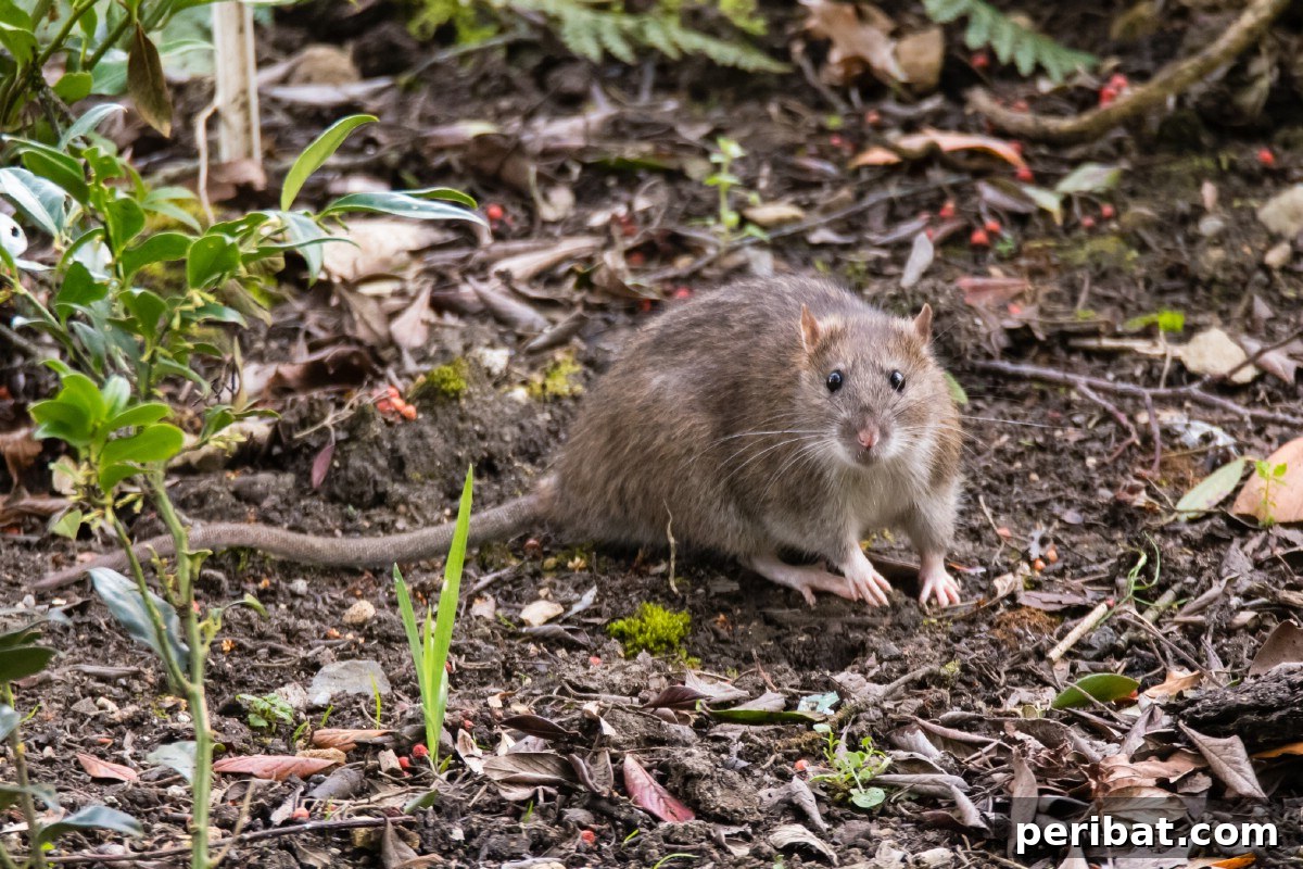 13 Versatile Uses for Diatomaceous Earth in Your Garden 4 A brown rat in a garden setting, nibbling on fallen produce, indicating a potential pest issue.