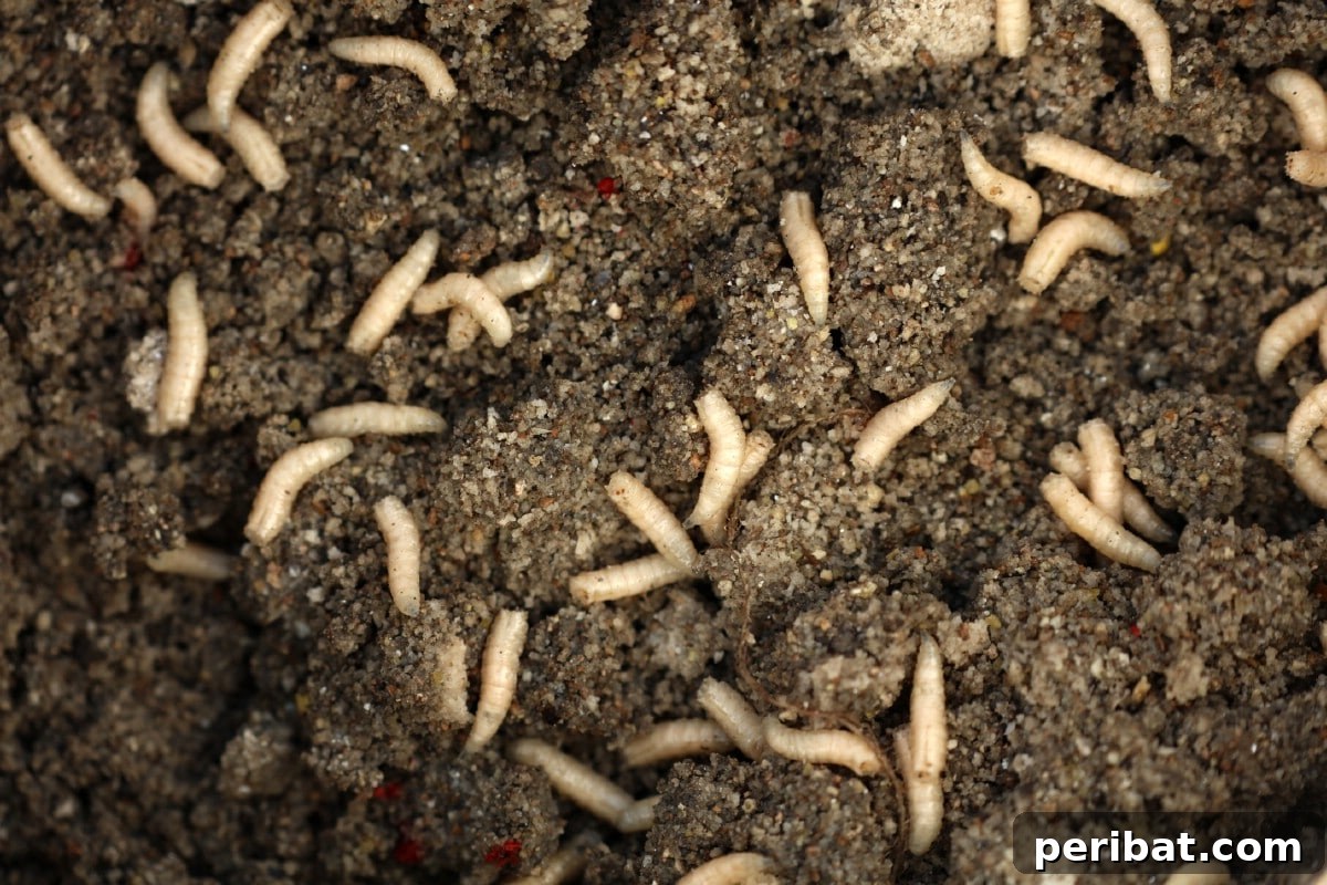13 Versatile Uses for Diatomaceous Earth in Your Garden 5 Maggots visible within loose garden soil, suggesting a decomposition process or pest problem.