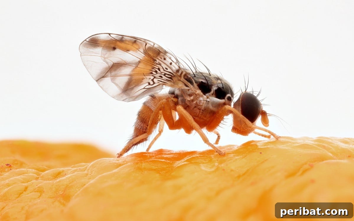 13 Versatile Uses for Diatomaceous Earth in Your Garden 8 A macro shot of a fruit fly, highlighting its tiny size and common presence around decaying matter.