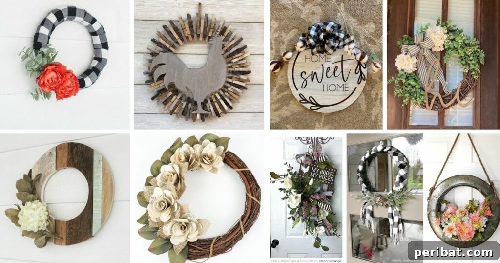 Rustic Farmhouse Wreaths for Year-Round Beauty 2 Farmhouse wreath collage featuring various seasonal and rustic designs